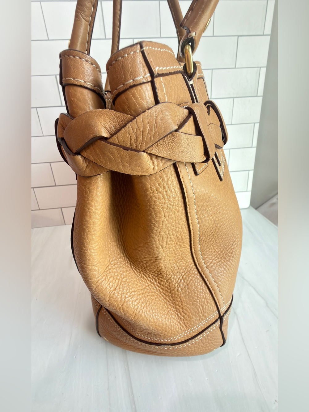 COACH VINTAGE HAMPTON PEBBLED LEATHER SHOULDER BAG BRAIDED ACCENTS Tan - Picture 7 of 14